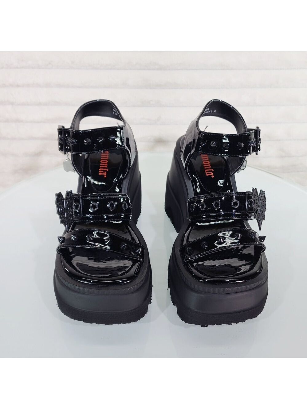 NIB Shaker 13 Black Out Patent 4.5" Wedge Heel Gothic Sandals Studs Charms - Picture 5 of 9